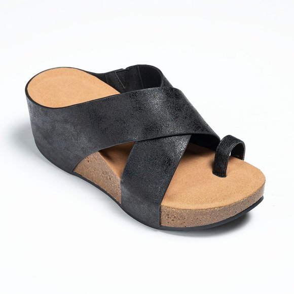 Sale! Black Toe ring Slide Wedge Sandals Size 6.5 - Picture 2 of 2